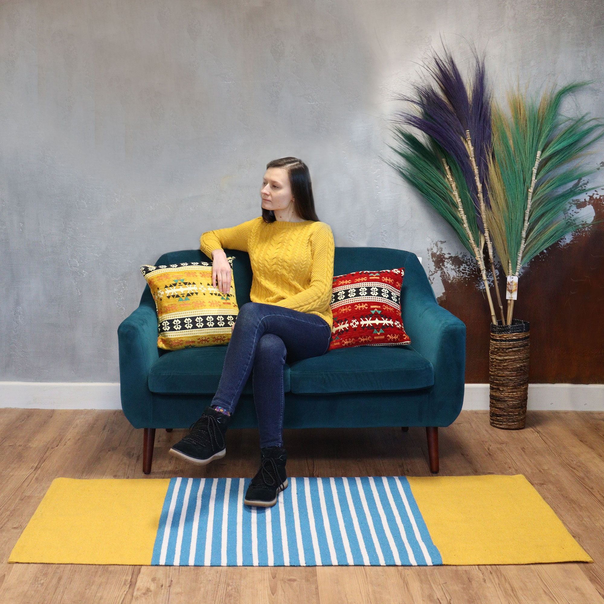 Tapete Indiano em Algodão Amarelo e Azul
