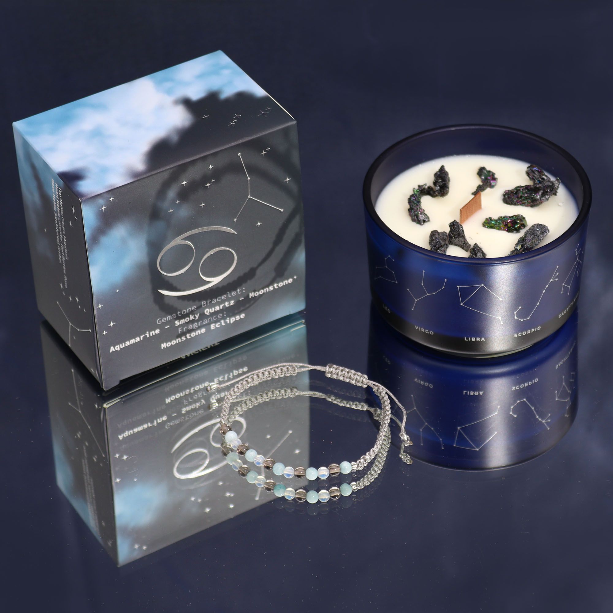 Vela de Cristal do Zodíaco com Pulseira de Pedras Naturais Caranguejo