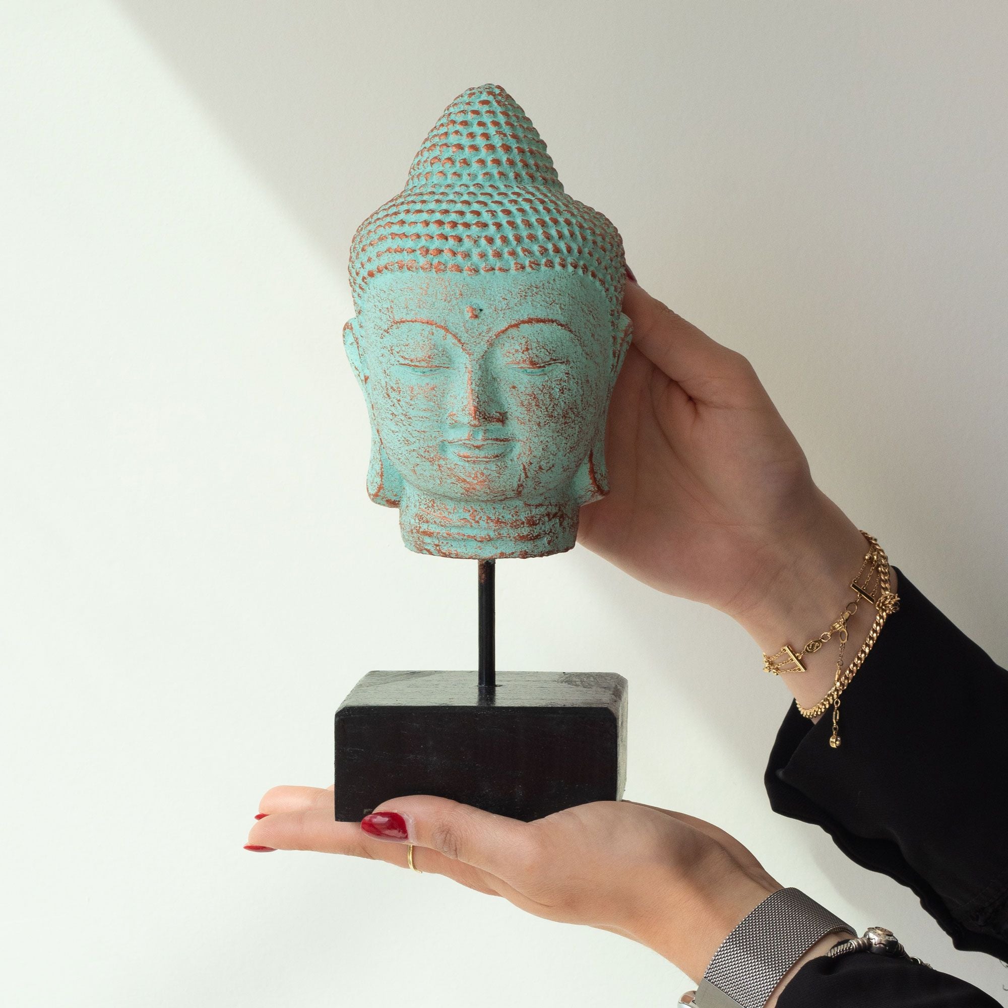 Cabeça de Buda em Repouso com Suporte – Cobre Verde
