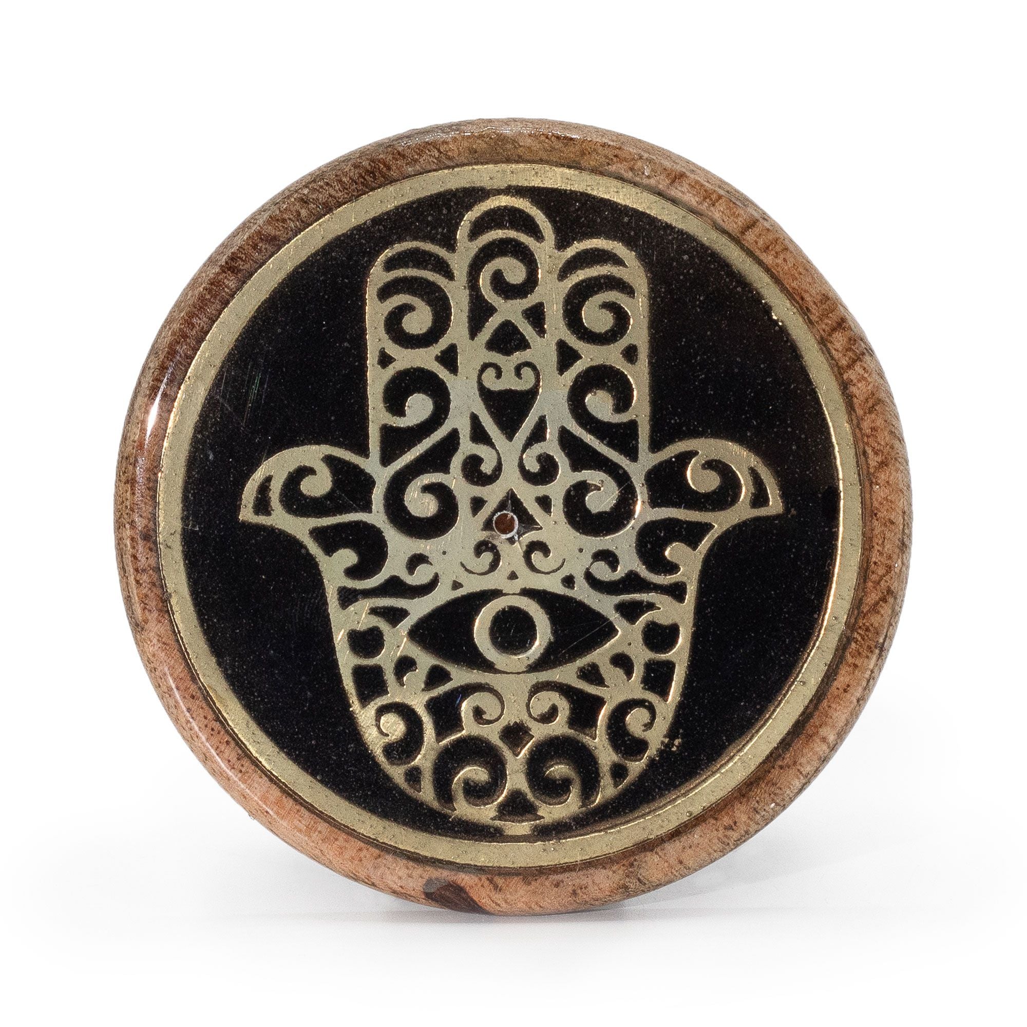 Suporte de Incenso em Madeira de Manga Hamsa Dourado e Preto