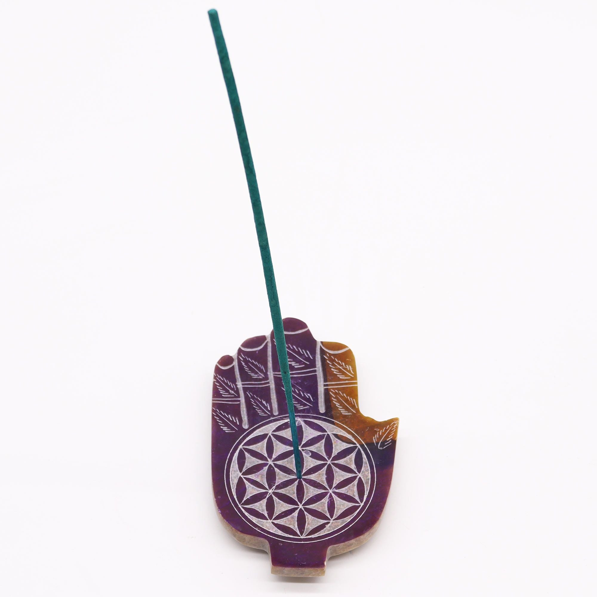 Suporte de Incenso Hamsa em Esteatite Flor da Vida