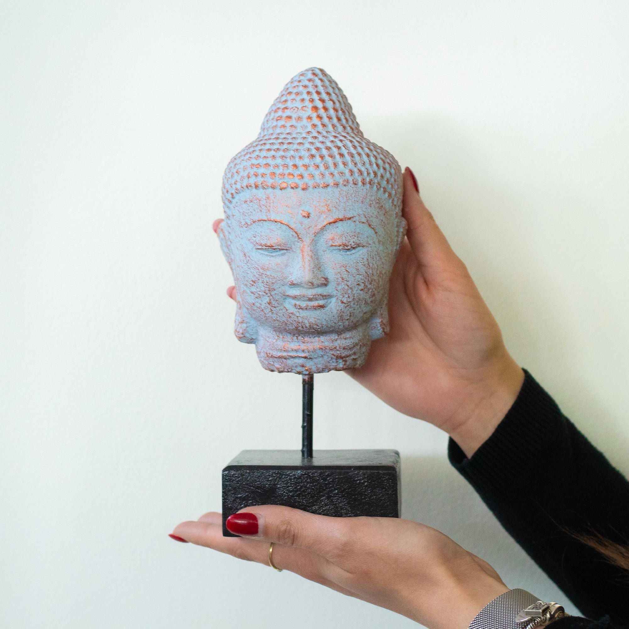 Cabeça de Buda em Repouso com Suporte – Cobre Azul