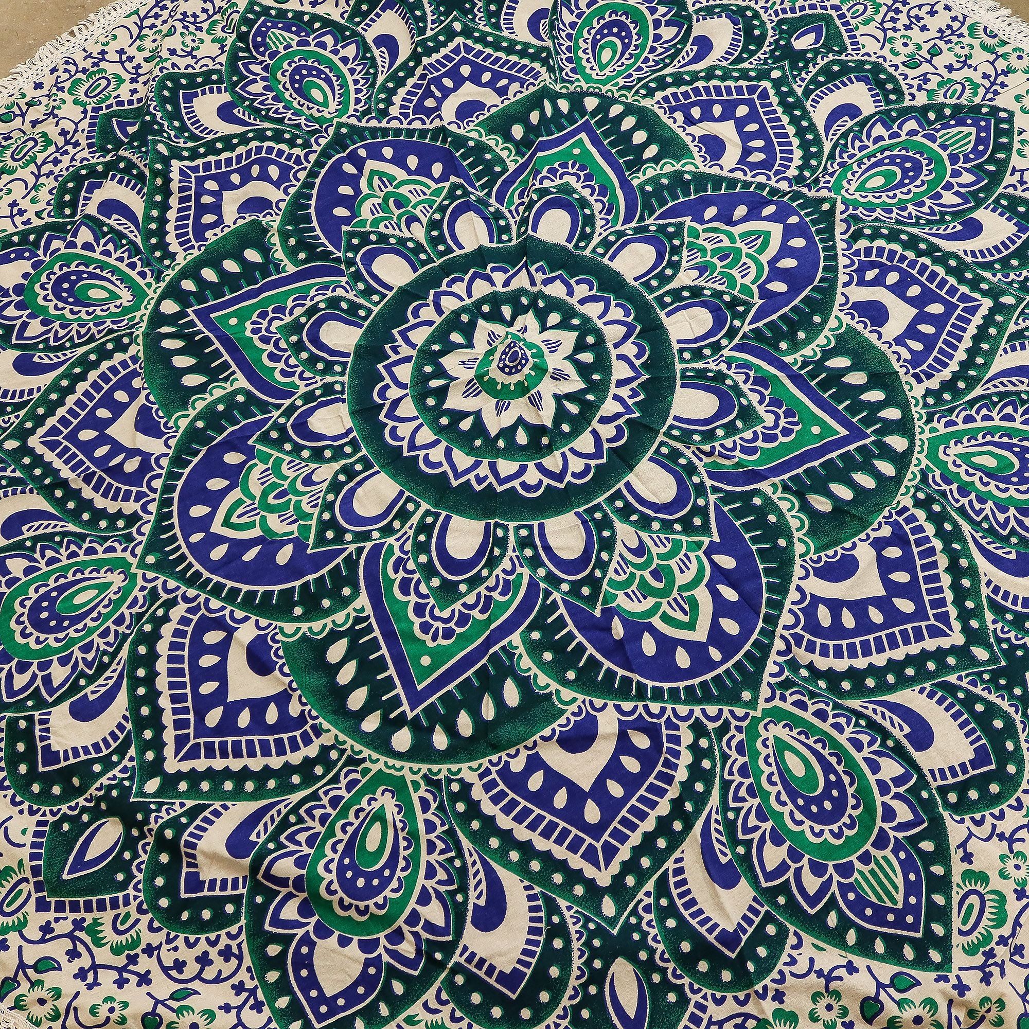 Mandala Redonda em Algodão Turquesa e Azul