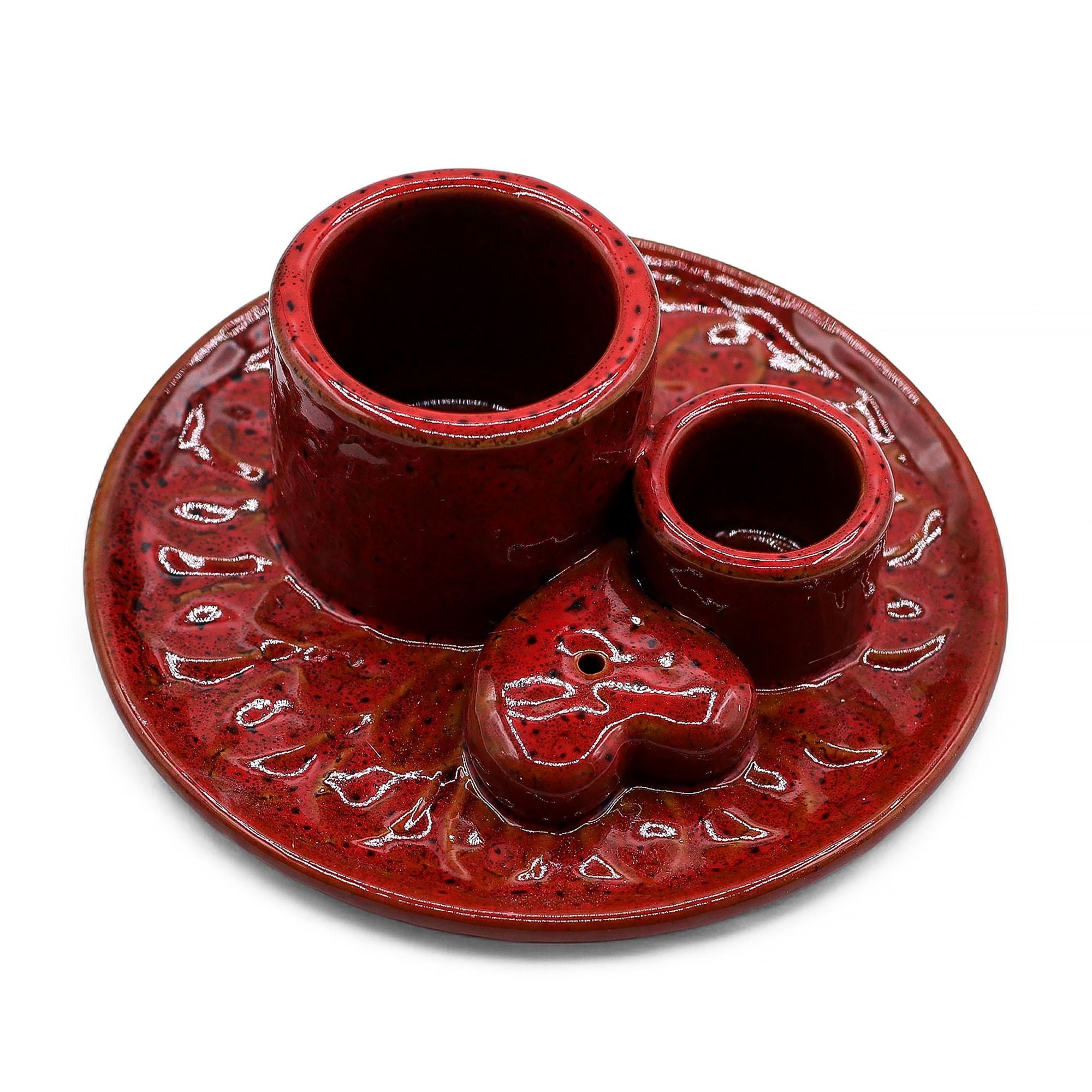 Suporte Cerâmico para Pau Santo e Incenso Mandala Vermelho com Coração Brilhante