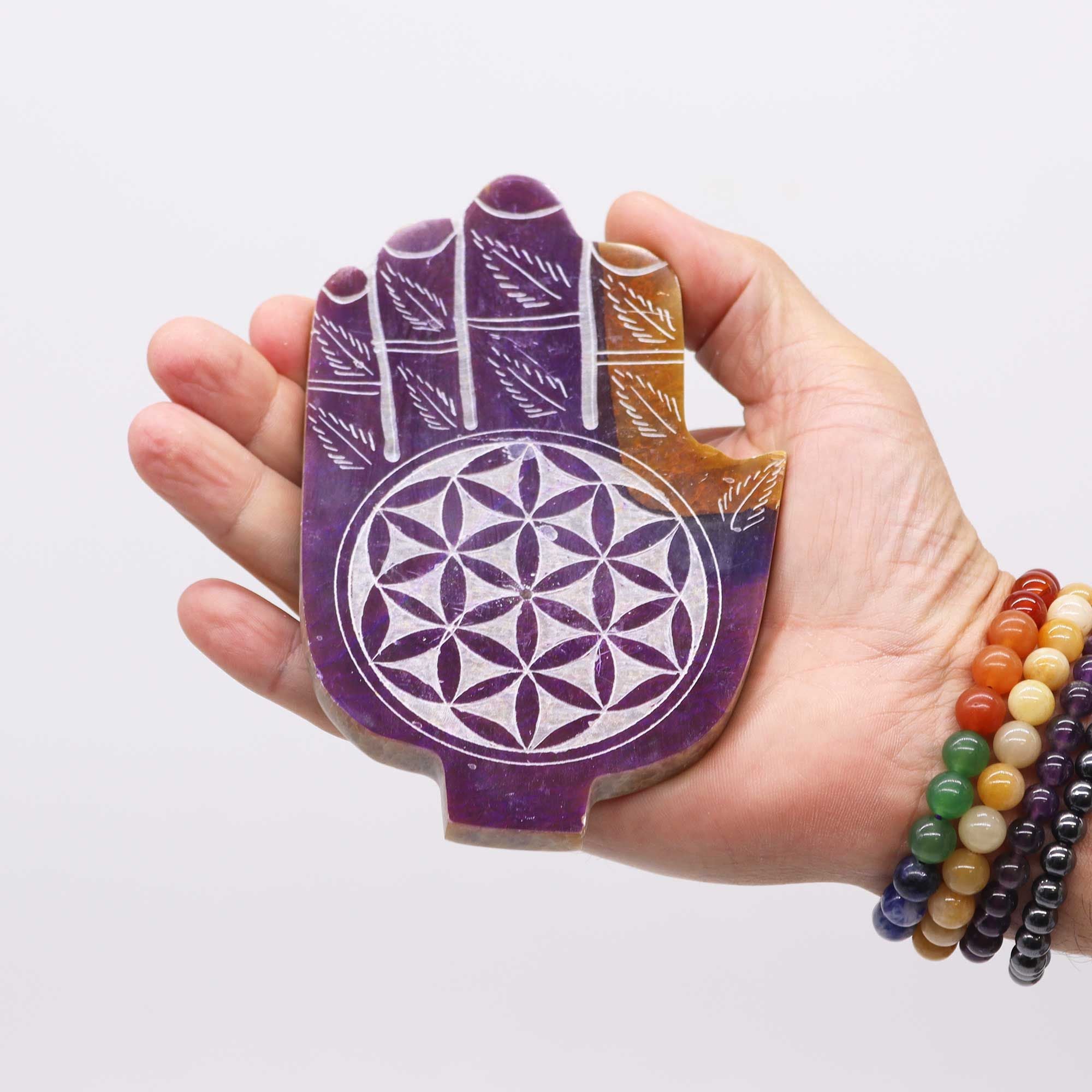 Suporte de Incenso Hamsa em Esteatite Flor da Vida