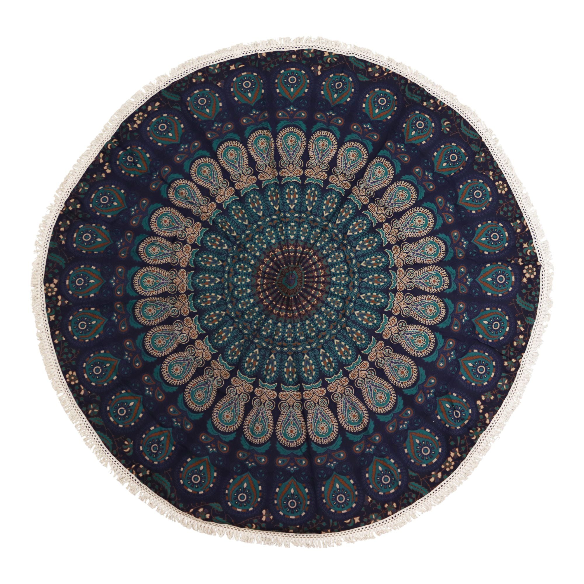 Mandala Redonda em Algodão Tons Azul Pavão