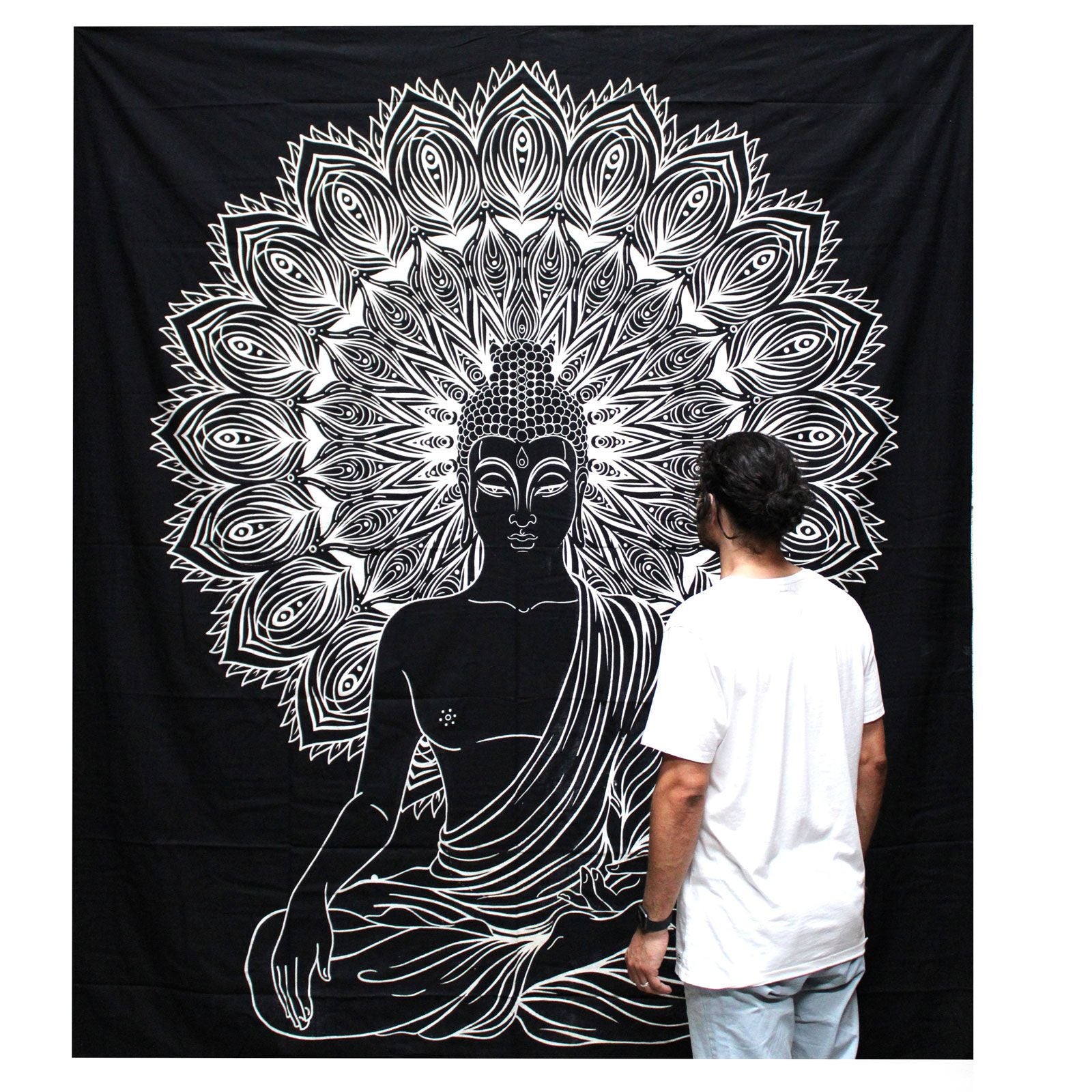 Colcha de Algodão Dupla Preto e Branco com Tapeçaria Buda