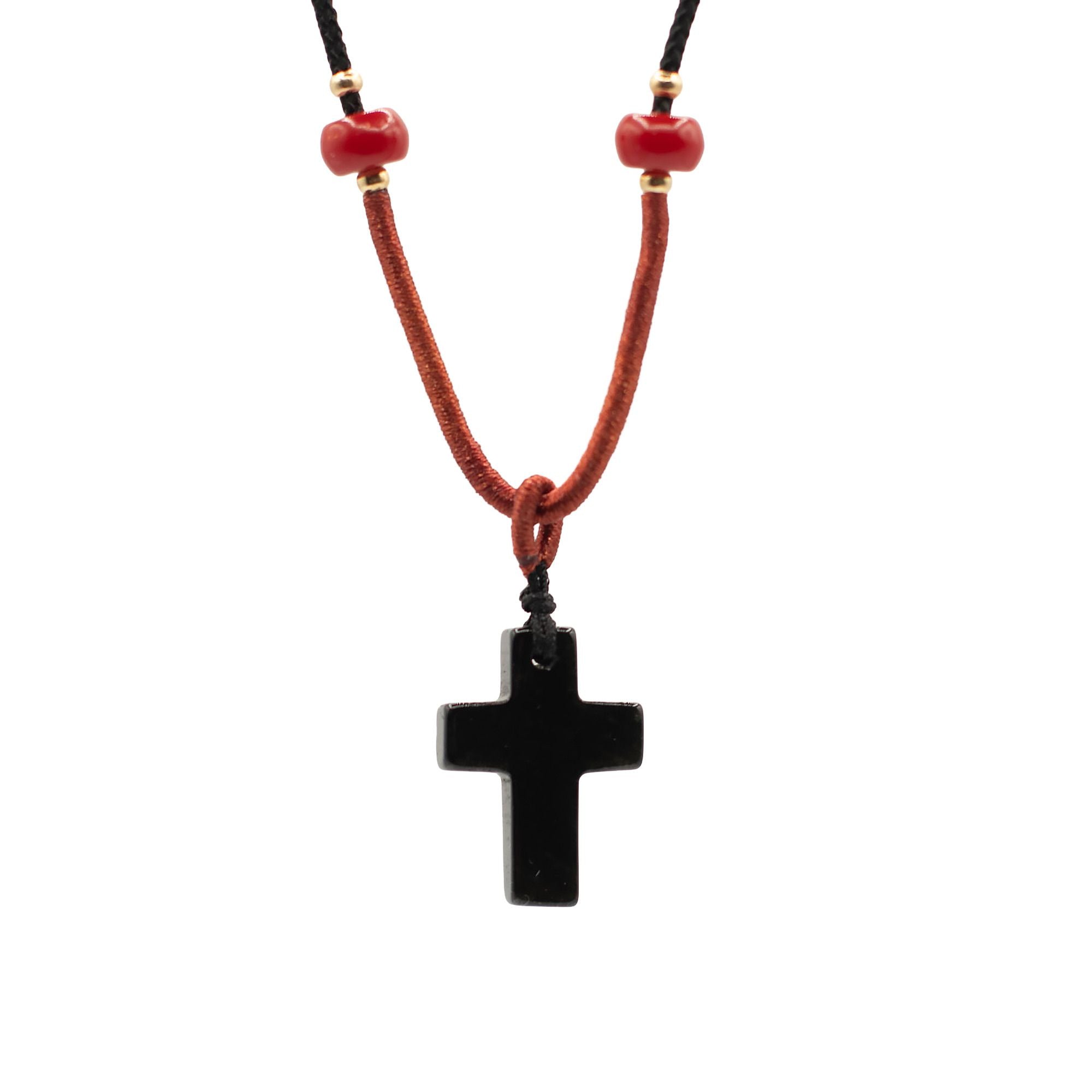 Colar com Cordão e Pendente de Pedra Preciosa - Cruz de Ágata Negra
