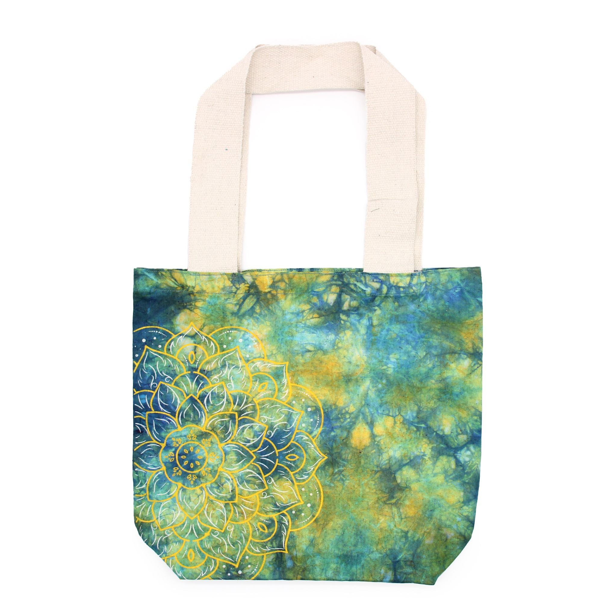 Bolsa de Algodão Tie Dye - Mandala - Verde e Azul - Alça Natural