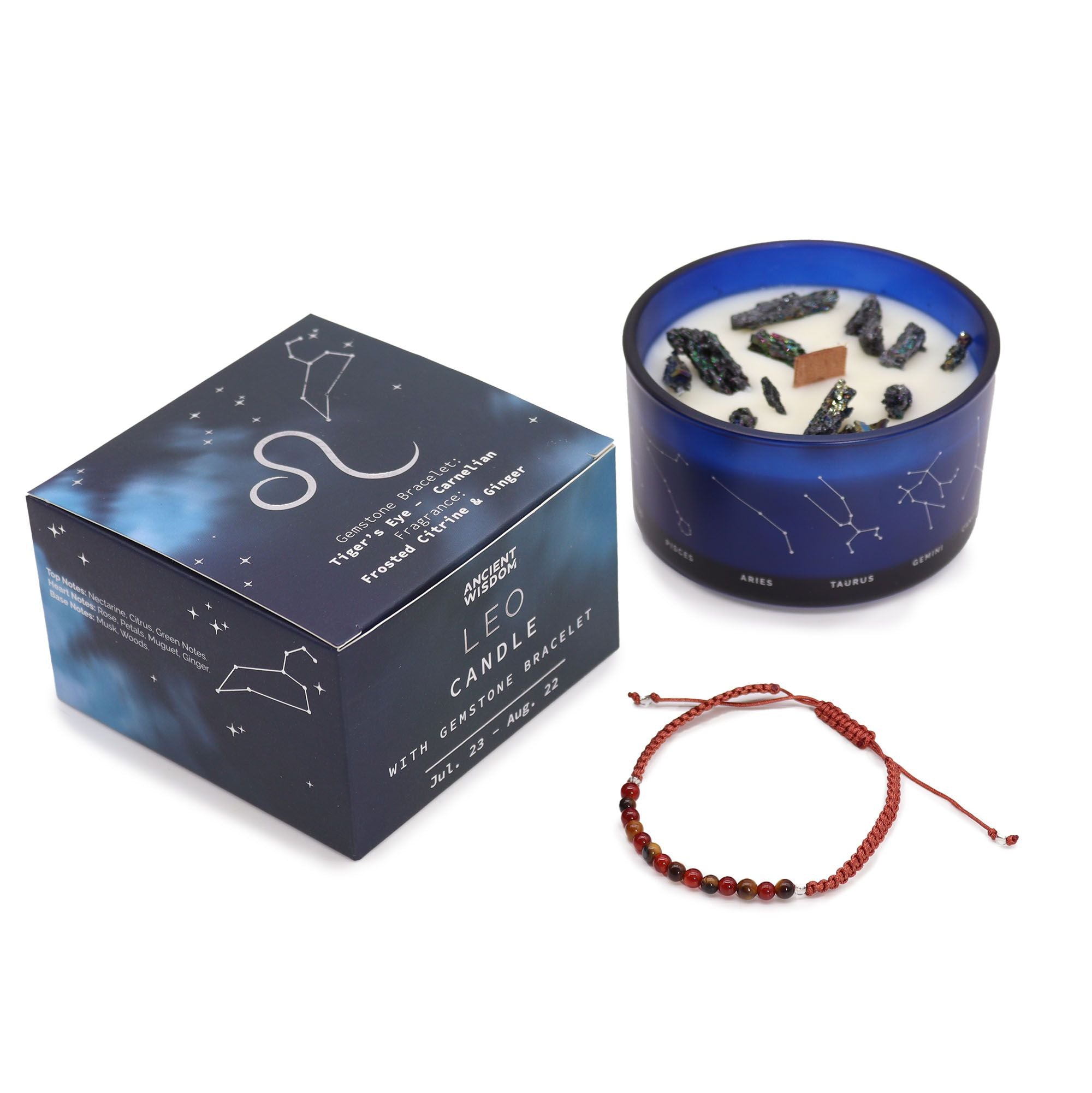 Vela de Cristal do Zodíaco com Pulseira de Pedras Naturais Leão