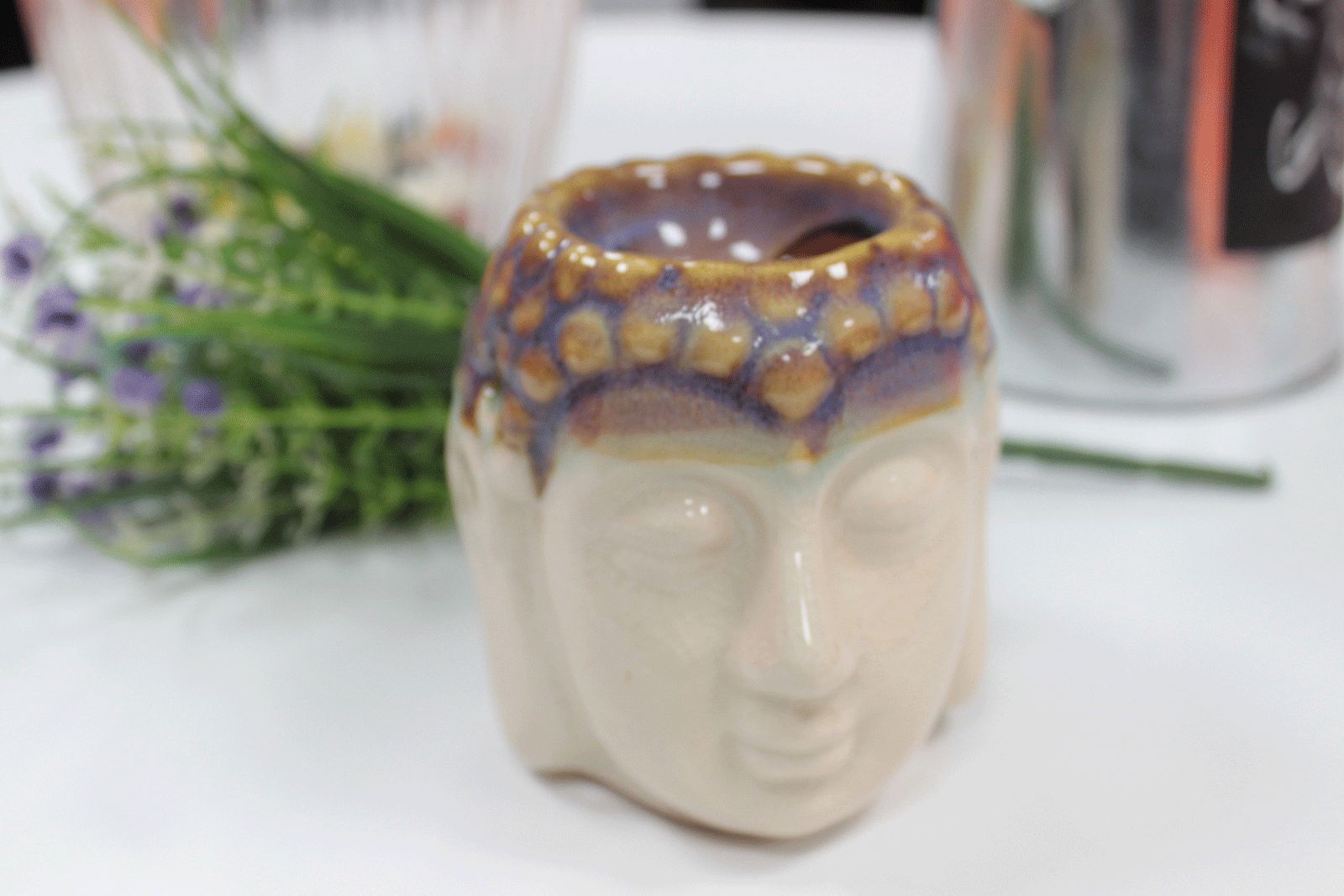 Queimador de Óleo Buda Rosto – Marfim e Azul