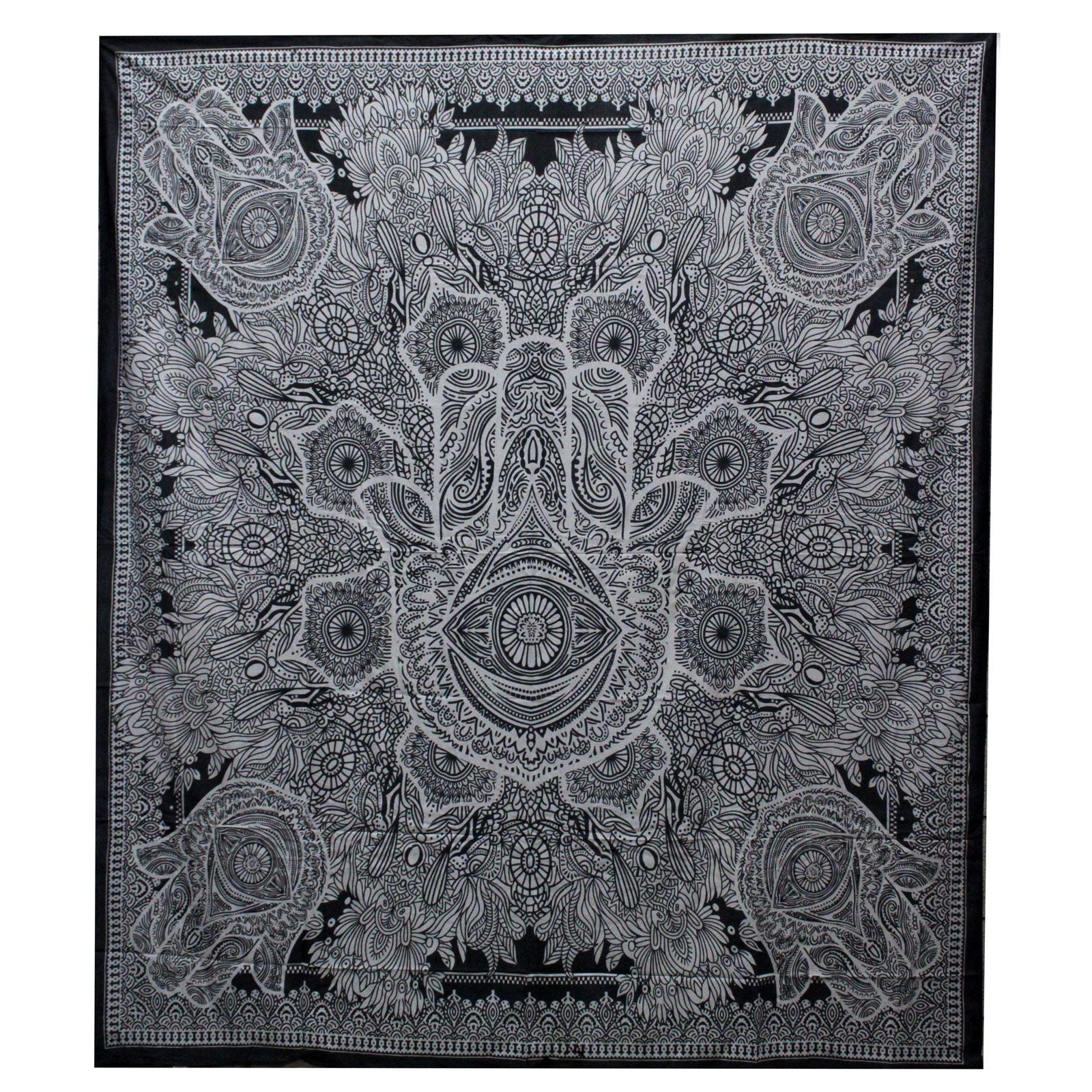 Colcha de Algodão Dupla Preto e Branco com Tapeçaria Hamsa