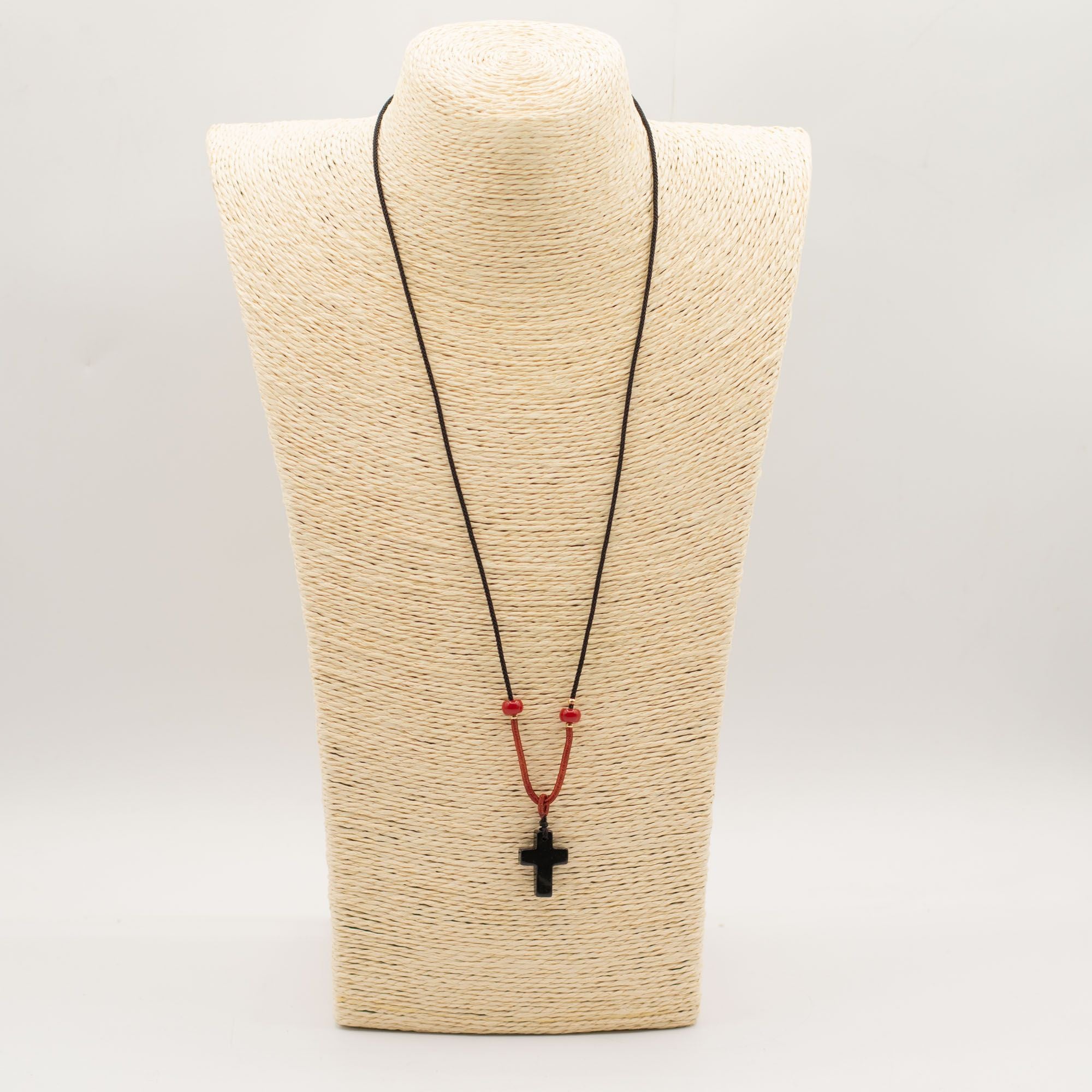 Colar com Cordão e Pendente de Pedra Preciosa - Cruz de Ágata Negra