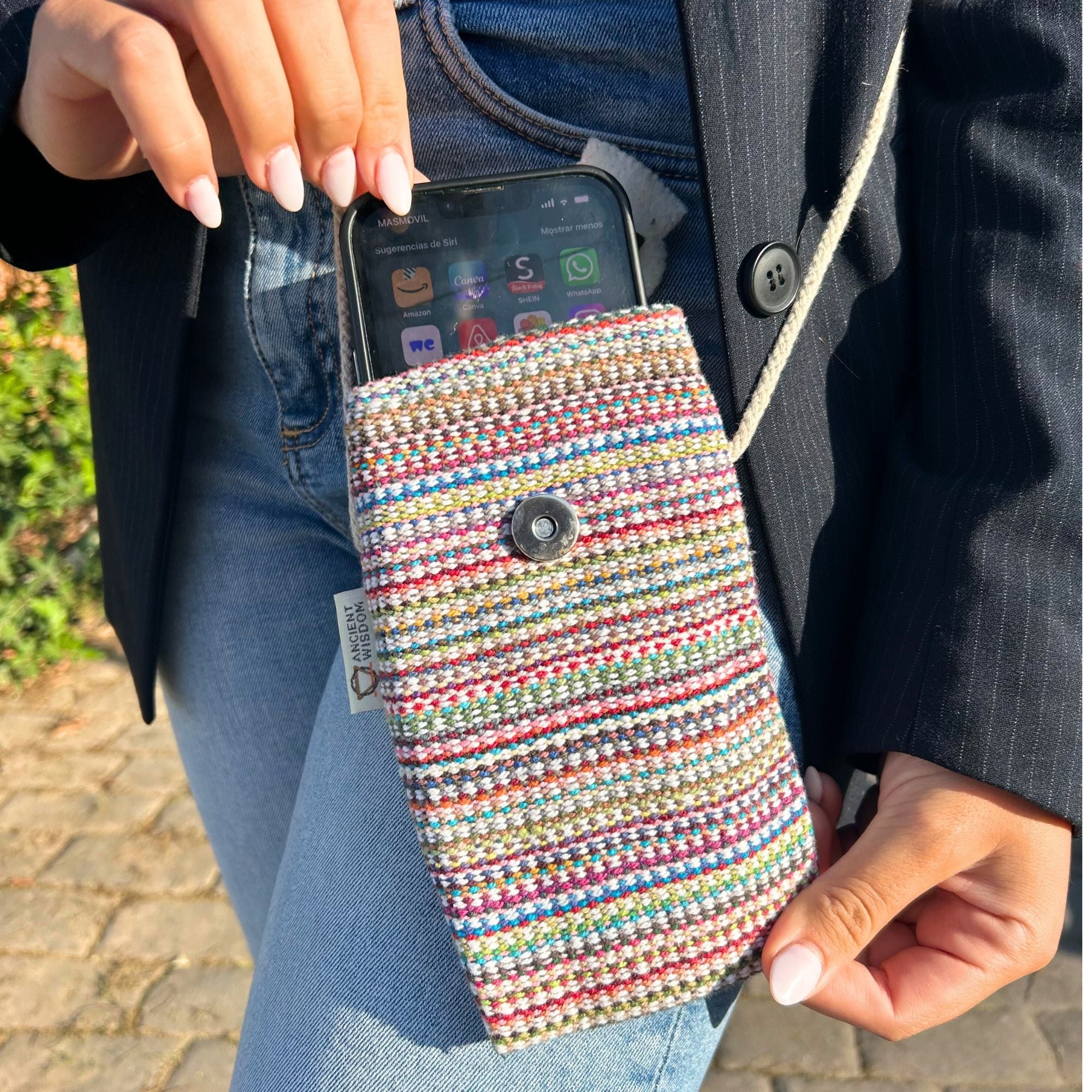 Bolsa para Telemóvel com riscas rosa - Decorada com coelho