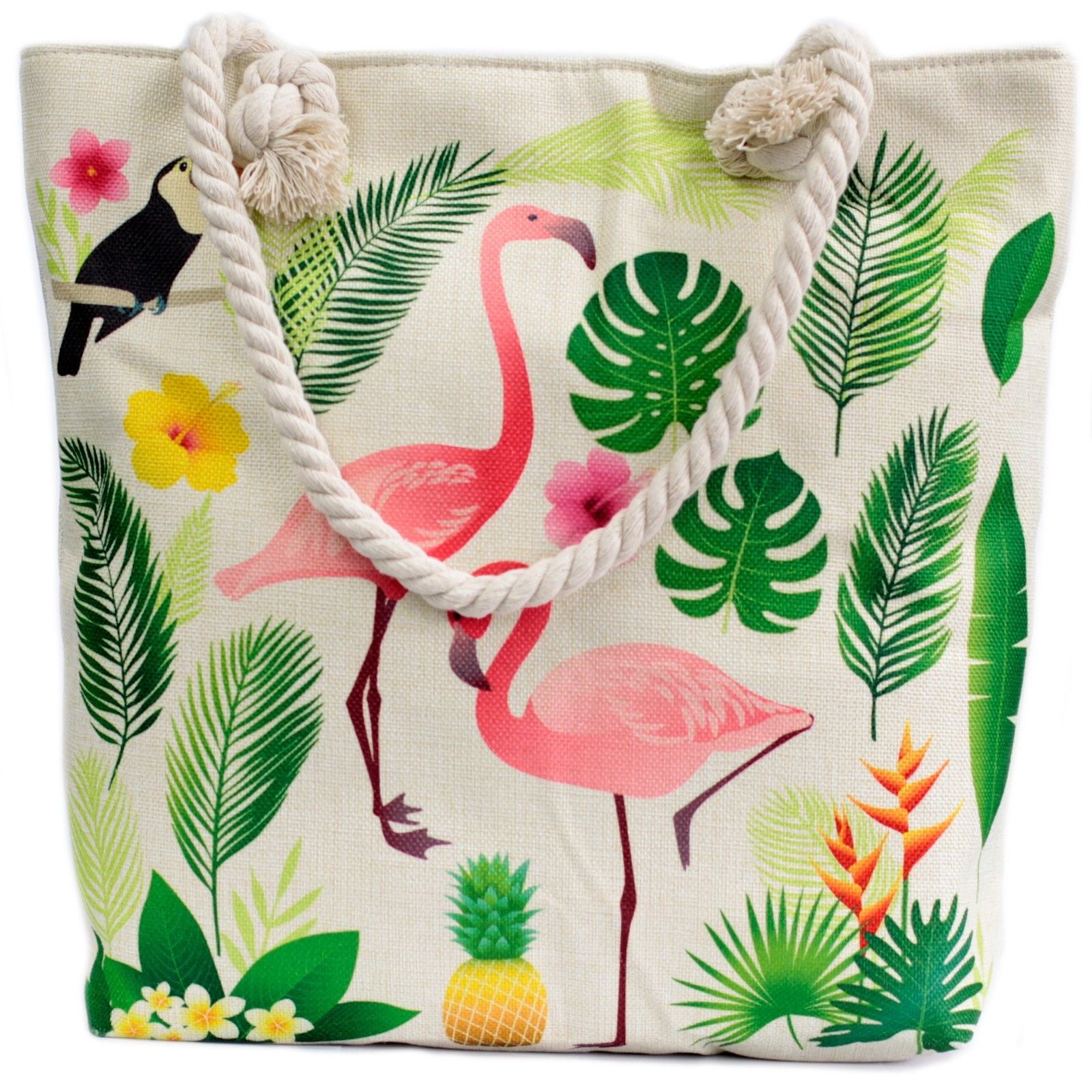 Bolsa shopper com alça de corda - Flamingo tropical