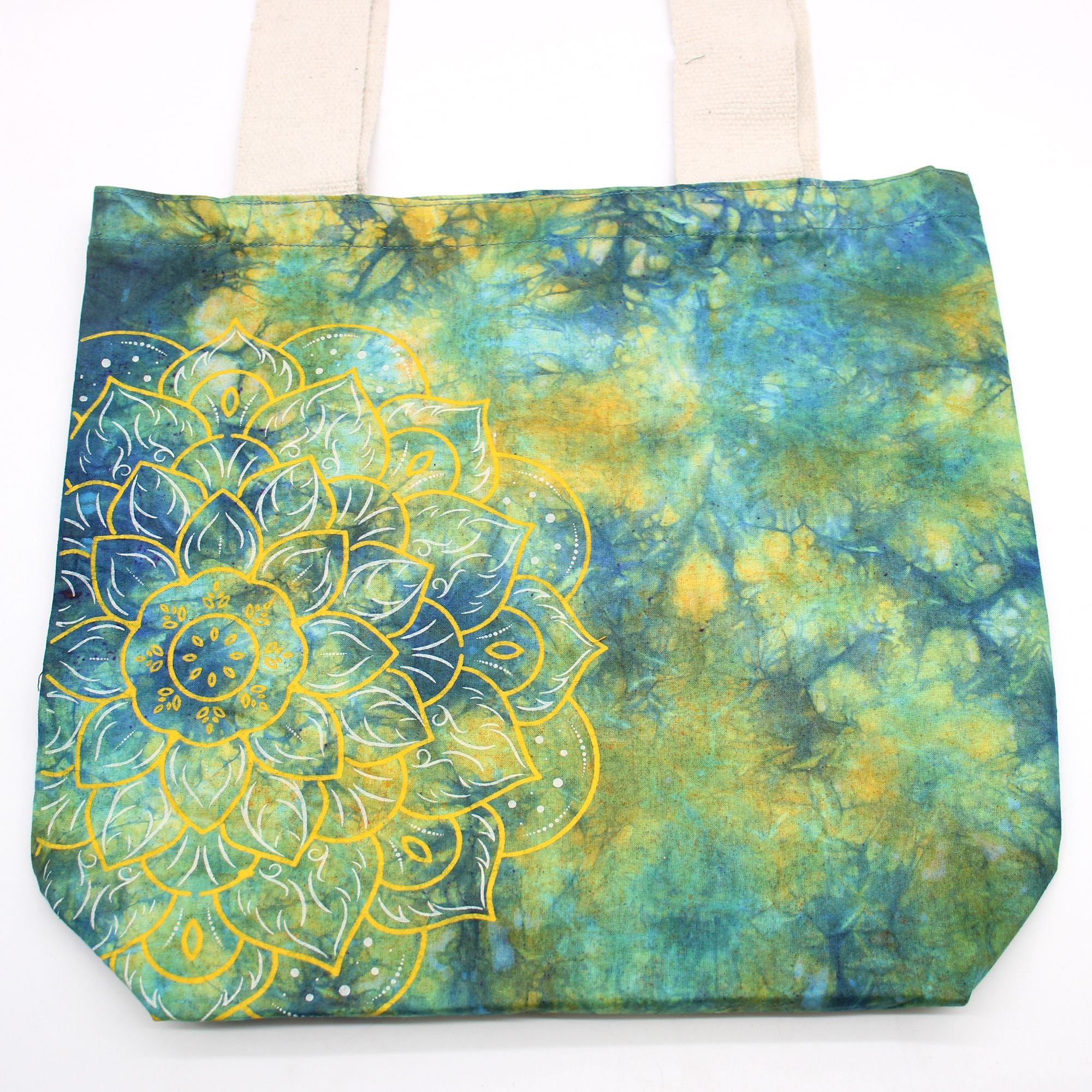 Bolsa de Algodão Tie Dye - Mandala - Verde e Azul - Alça Natural