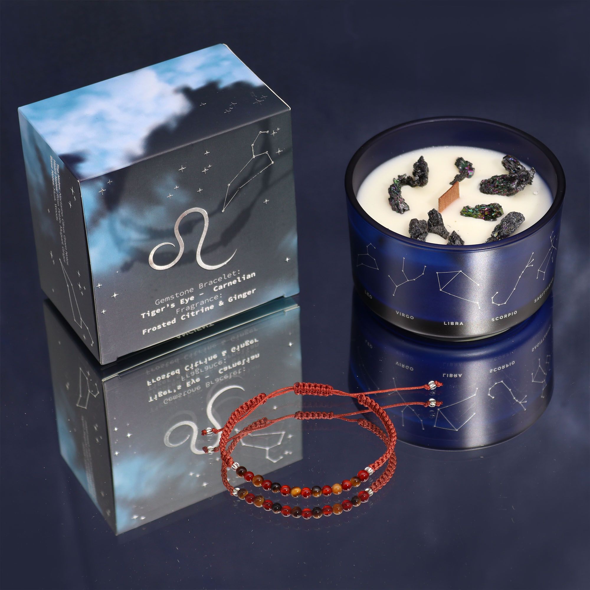 Vela de Cristal do Zodíaco com Pulseira de Pedras Naturais Leão