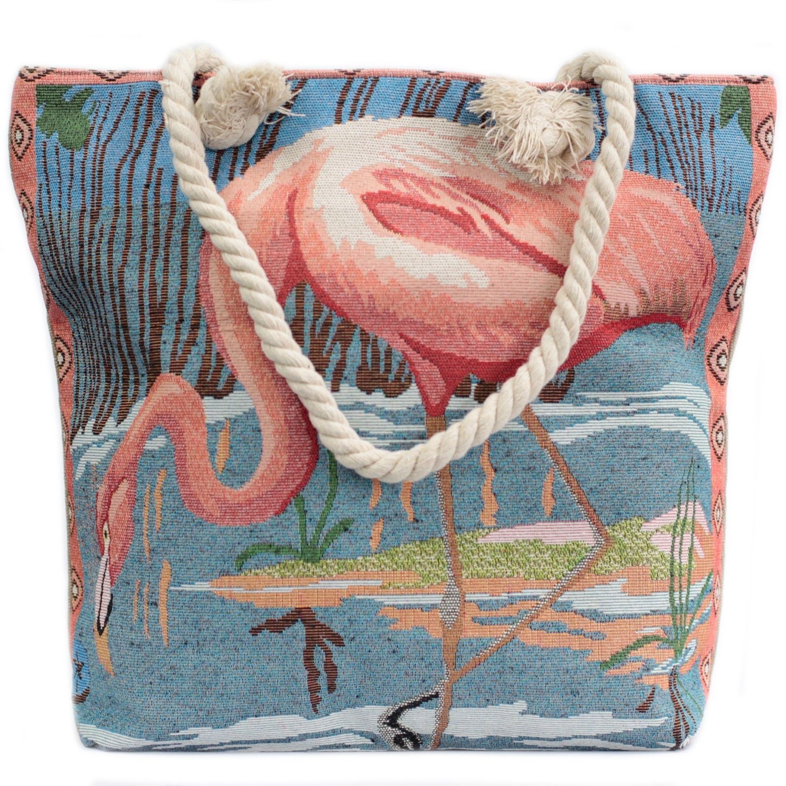 Bolsa shopper com alça de corda - Flamingo na lagoa
