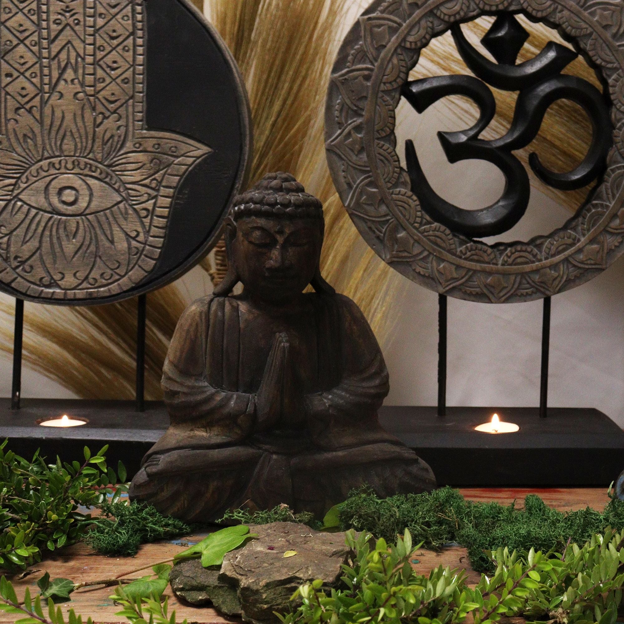 Conjunto Feng Shui Buda Om Cinzento e Preto