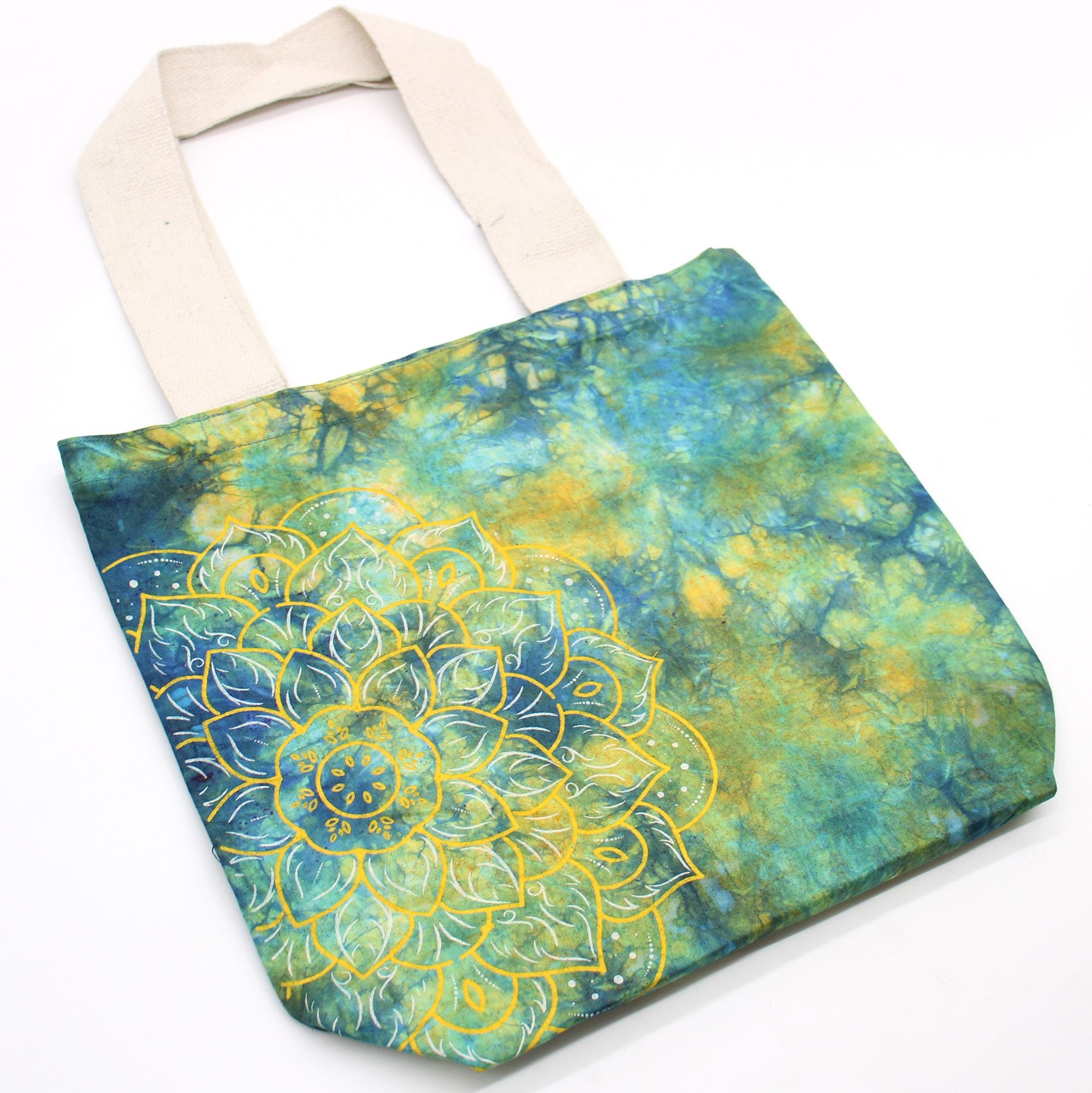 Bolsa de Algodão Tie Dye - Mandala - Verde e Azul - Alça Natural