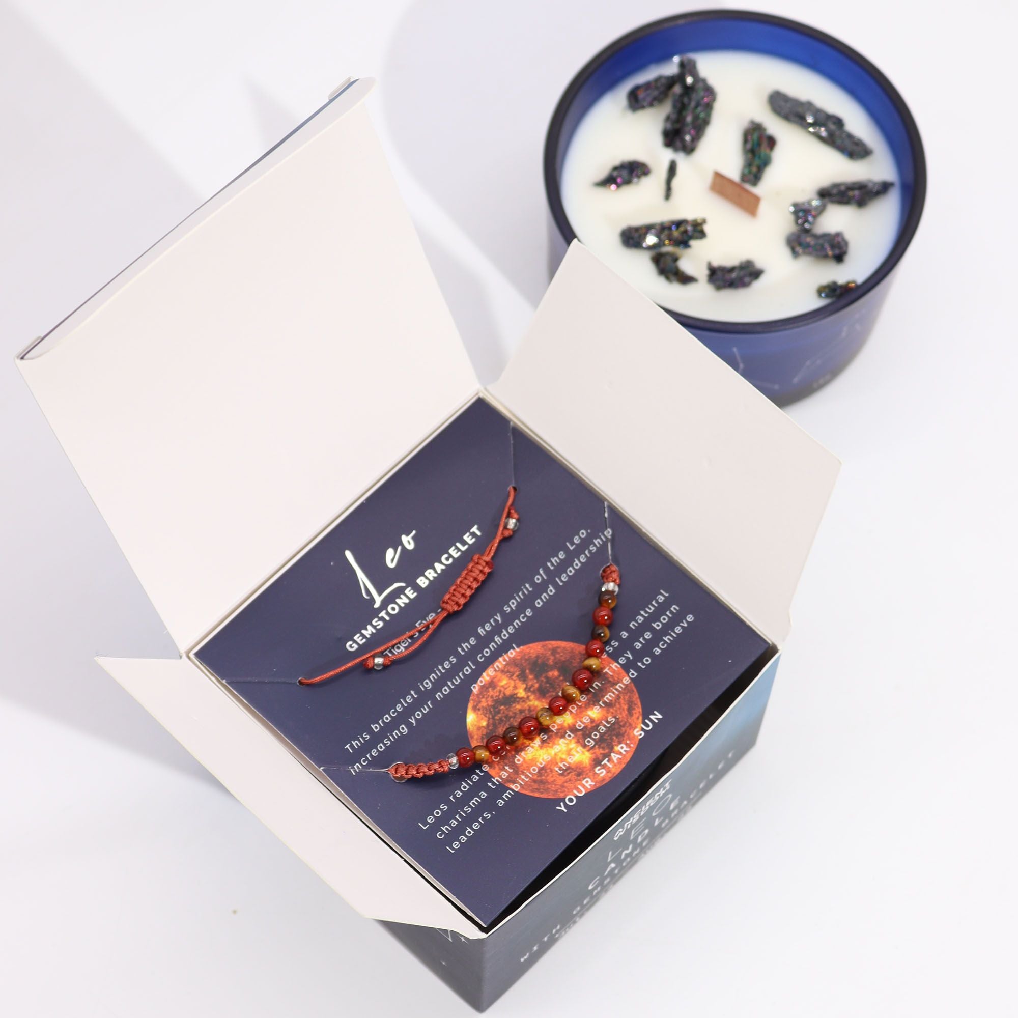 Vela de Cristal do Zodíaco com Pulseira de Pedras Naturais Leão