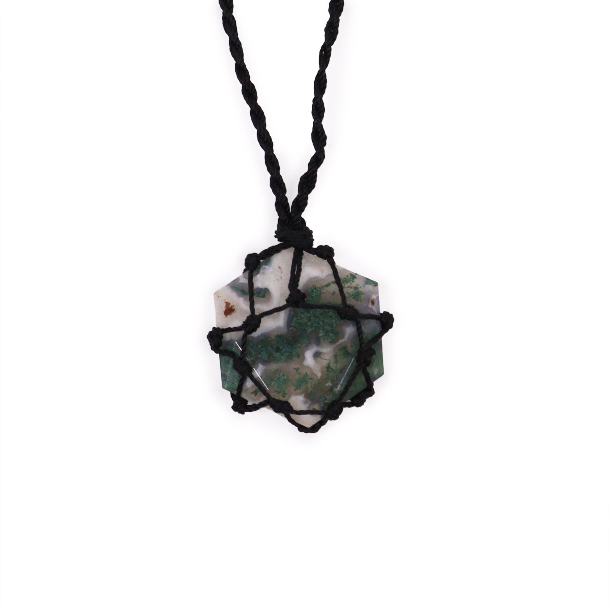Pendente Hexagonal de Pedras Preciosas Entrelaçadas - Ágata Musgosa