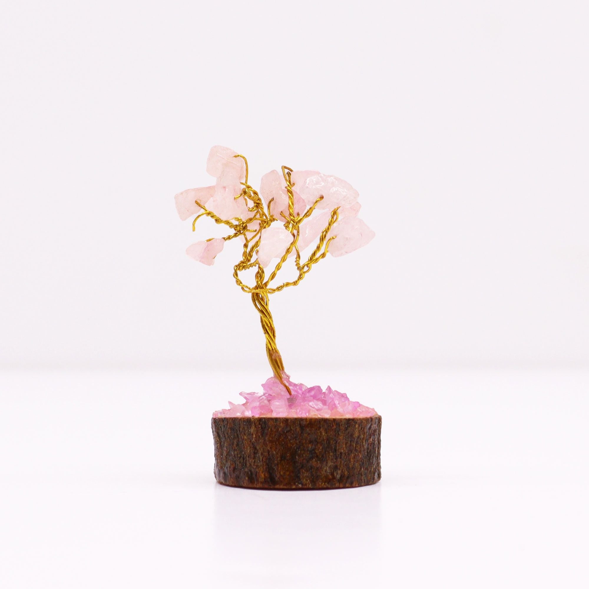 Mini Árvore de Pedras Naturais Base Madeira Quartzo Rosa (15 Pedras)