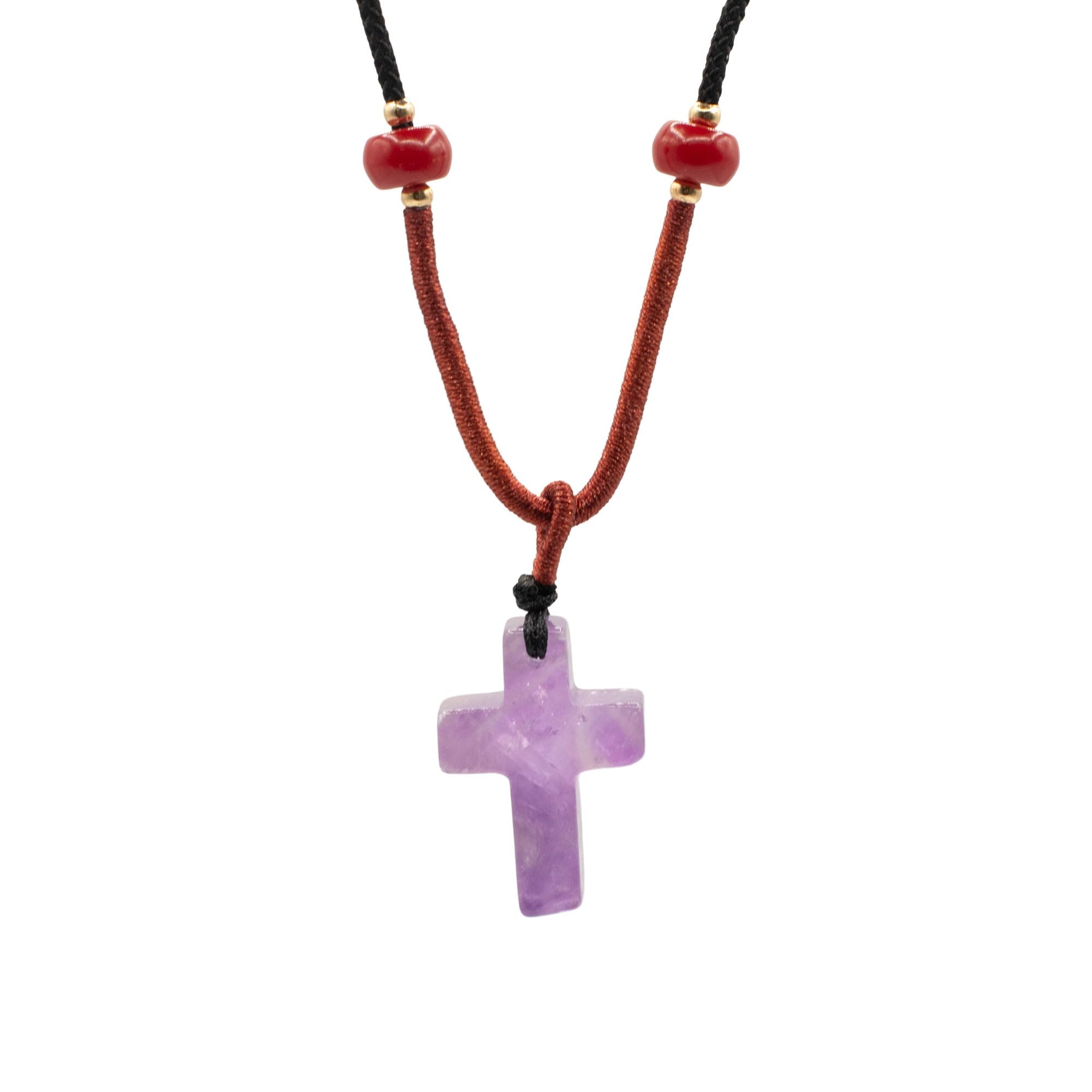 Colar com Cordão e Pendente de Pedra Preciosa - Cruz de Ametista