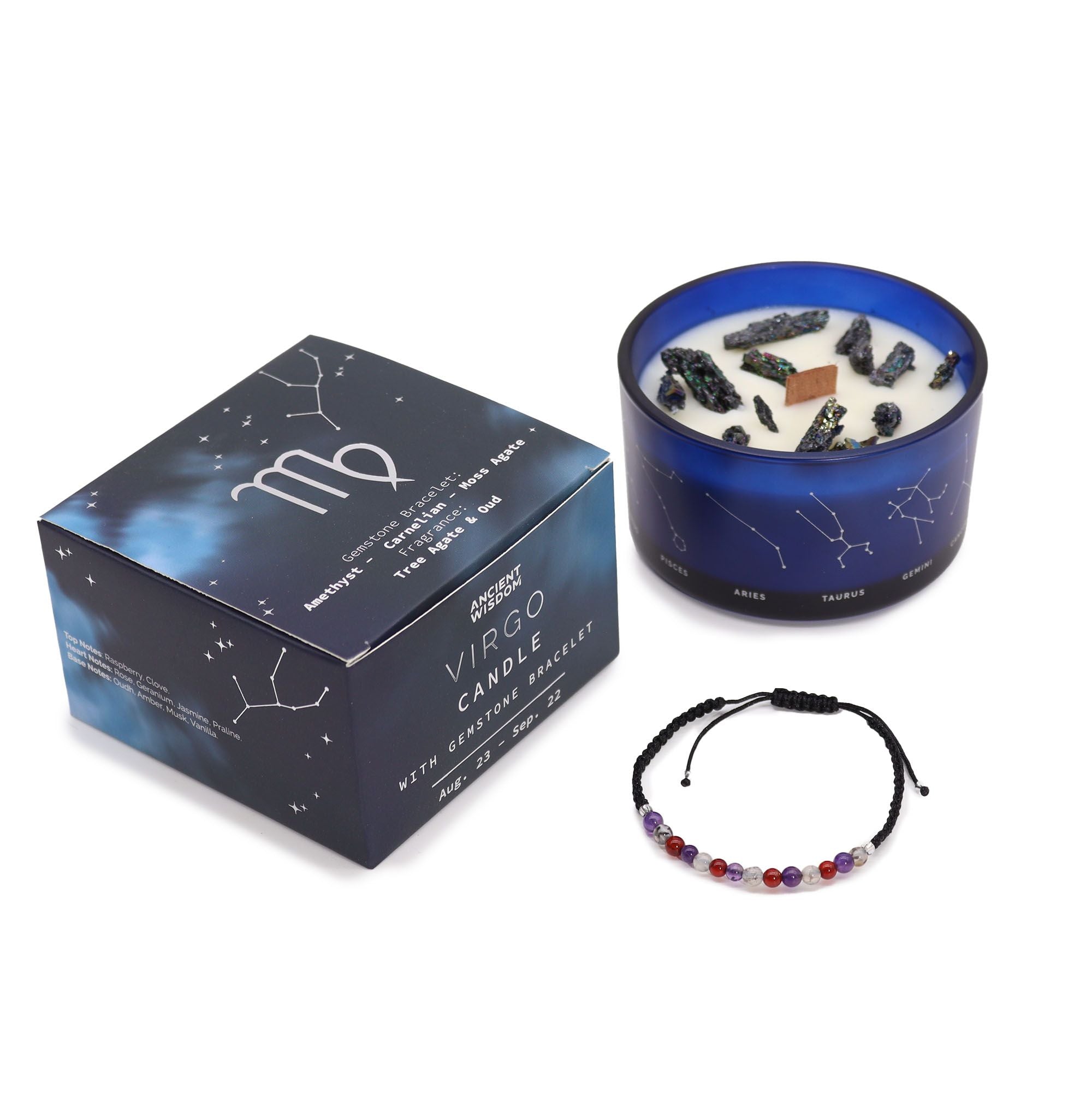 Vela de Cristal do Zodíaco com Pulseira de Pedras Naturais Virgem
