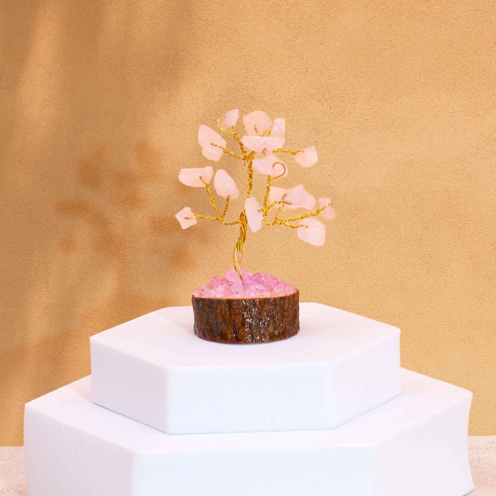 Mini Árbol de Piedras Naturales Base de Madera Cuarzo Rosa (15 Piedras)