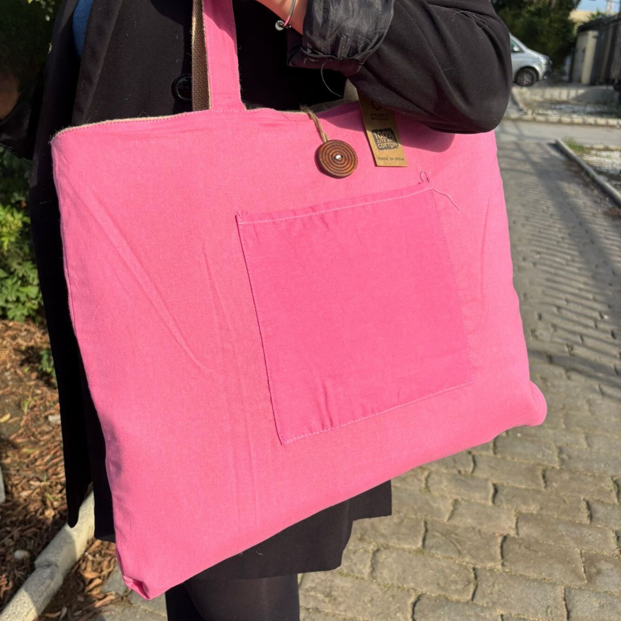 Bolsa Grande Reversível de Juta e Algodão - Rosa