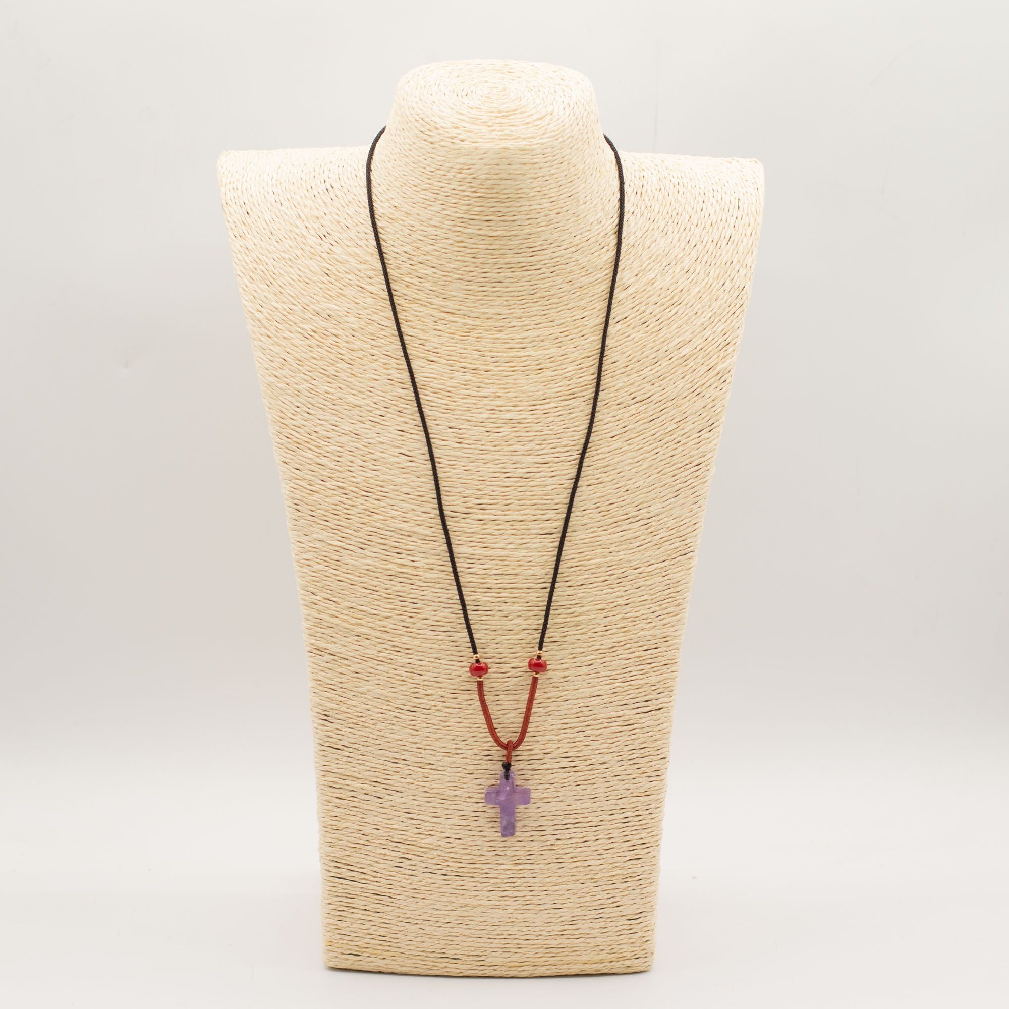 Colar com Cordão e Pendente de Pedra Preciosa - Cruz de Ametista